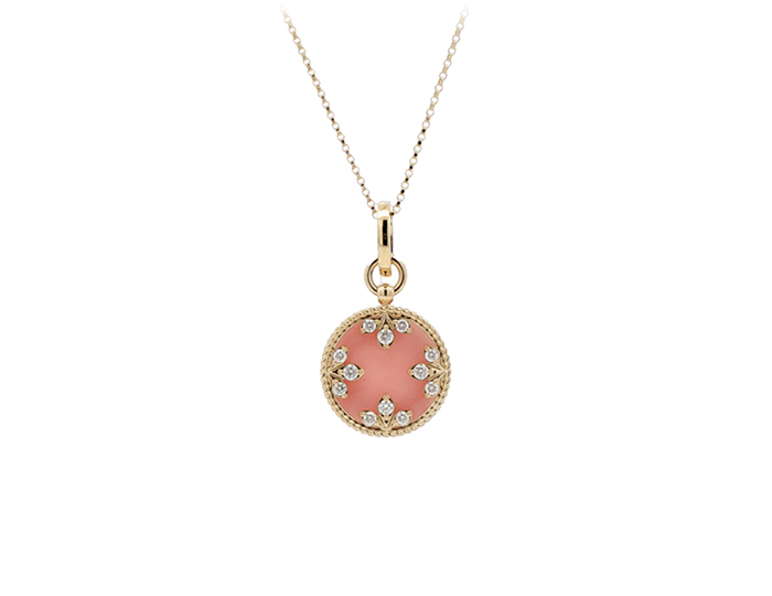 Roberto Coin Venetian Princess collection pink opal and round brilliant cut diamond pendant in 18k yellow gold.