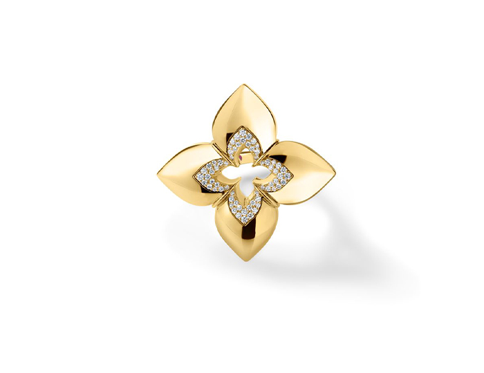 Roberto Coin Venetian Princess collection round brilliant cut diamond ring in 18k yellow gold.