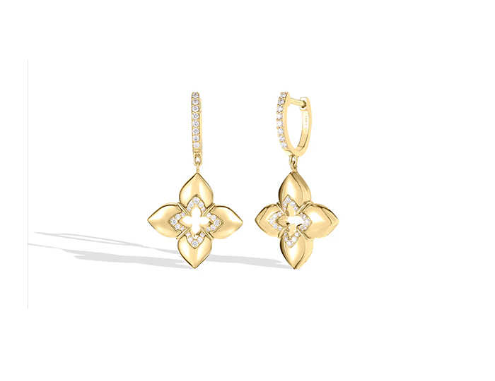 Roberto Coin Venetian Princess collection round brilliant cut diamond earrings in 18k yellow gold.
