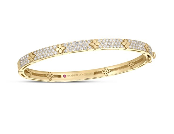 Roberto Coin Love in Verona collection round brilliant cut diamond bangle in 18k yellow gold.