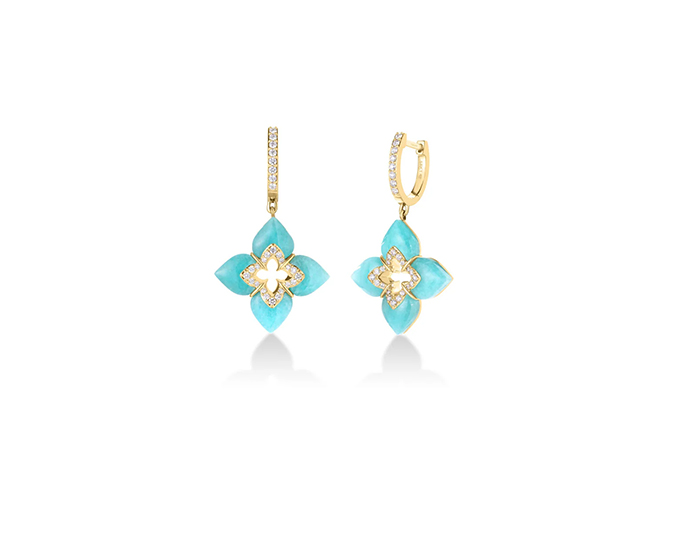 Roberto Coin Venetian Princess collection amazonite and round brilliant cut diamond earrings in 18k yellow gold.