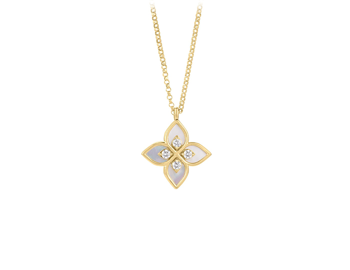 Roberto Coin Venetian Princess collection mother of pearl and round brilliant cut diamond pendant in 18k yellow gold.