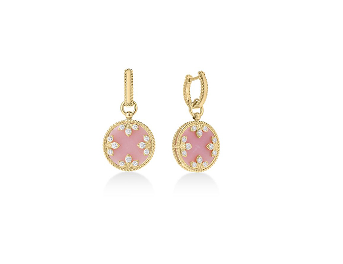 Roberto Coin Venetian Medallions pink opal and round brilliant cut diamond earrings in 18k yellow gold.