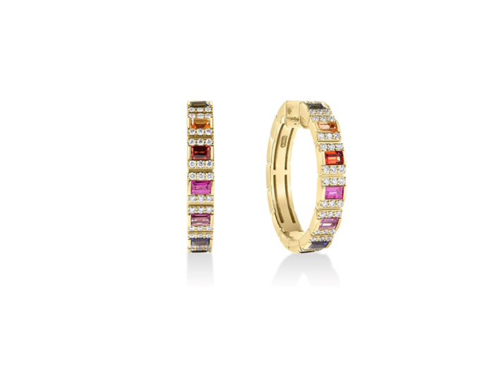 Roberto Coin Obelisco collection multi color blue sapphire and round brilliant cut diamond hoop earrings in 18k yellow gold.
