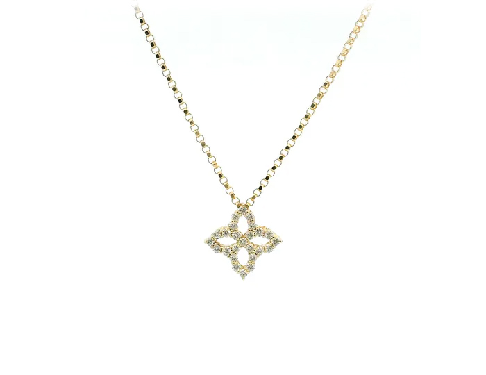 Roberto Coin Princess Flower collection round brilliant cut diamond pendant in 18k yellow gold.