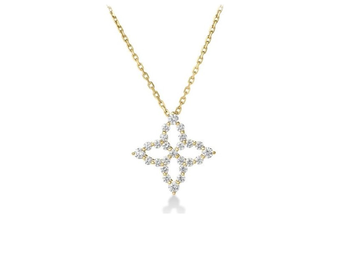Roberto Coin Princess Flower collection round brilliant cut diamond pendant in 18k yellow gold.