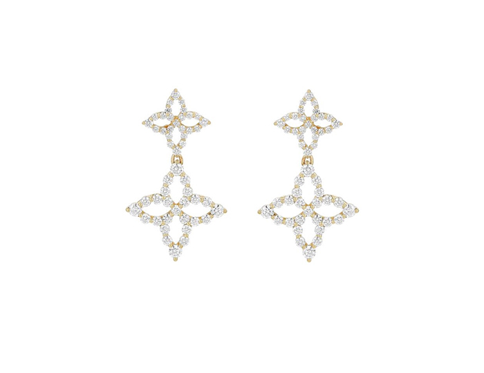 Roberto Coin Princess Diamond collection round brilliant cut diamond earrings in 18k yellow gold.