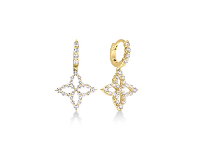 Roberto Coin Princess Flower collection round brilliant cut diamond earrings in 18k yellow gold.