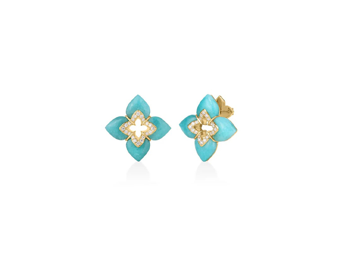 Roberto Coin Venetian Princess collection amazonite and round brilliant cut diamond earrings in 18k yellow gold.