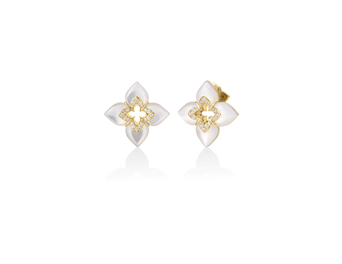 Roberto Coin Venetian collection mother of pearl and round brilliant cut diamond earrings in 18k yellow gold.