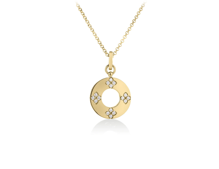 Roberto Coin Love in Verona collection round brilliant cut diamond pendant in 18k yellow gold.