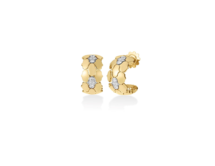 Roberto Coin Cobra collection round brilliant cut diamond earrings in 18k white and yellow gold.