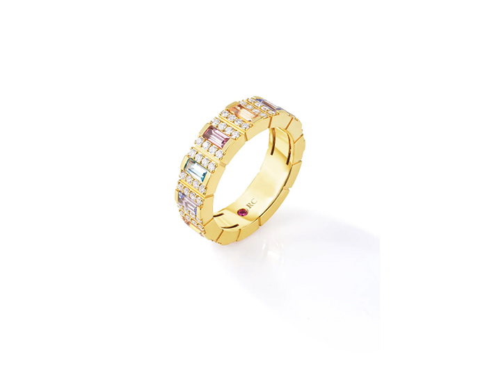 Roberto Coin Obelisco collection blue topaz, citrine, rubellite, ruby, tanzanite and round brilliant cut diamond ring in 18k yellow gold.
