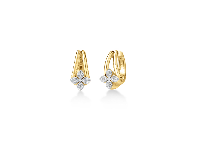 Roberto Coin Flower collection round brilliant cut diamond earrings in 18k yellow gold.