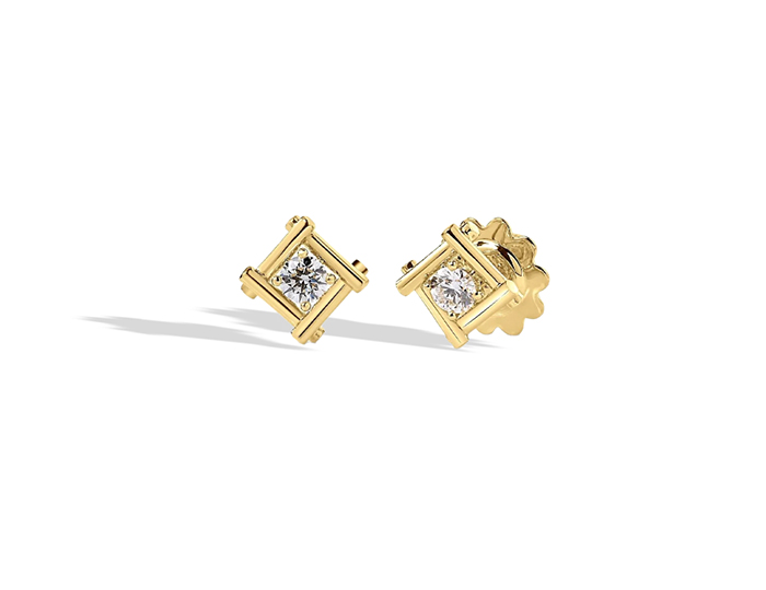 Roberto Coin Domino Collection round brilliant cut diamond earrings in 18k yellow gold.