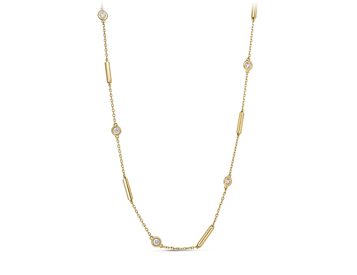 Roberto Coin Diamonds by the Inch collection round brilliant cut diamond necklace in 18k yellow gold.