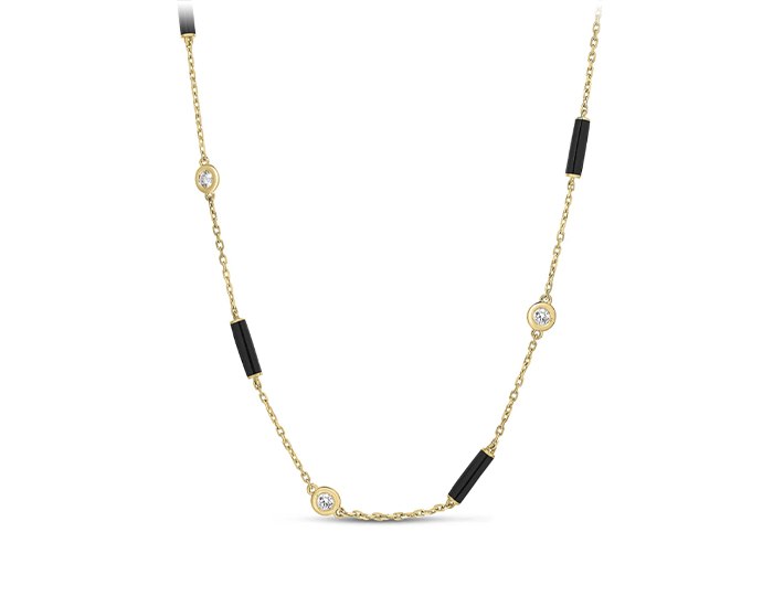 Roberto Coin Diamonds by the Inch collection round brilliant cut diamond necklace in black enamel and 18k yellow gold.