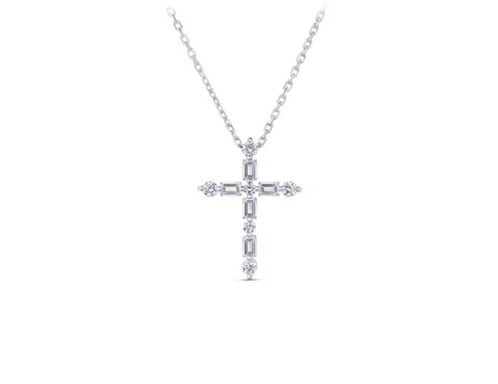 Roberto Coin Princess collection emerald and round brilliant cut diamond cross pendant in 18k white gold.