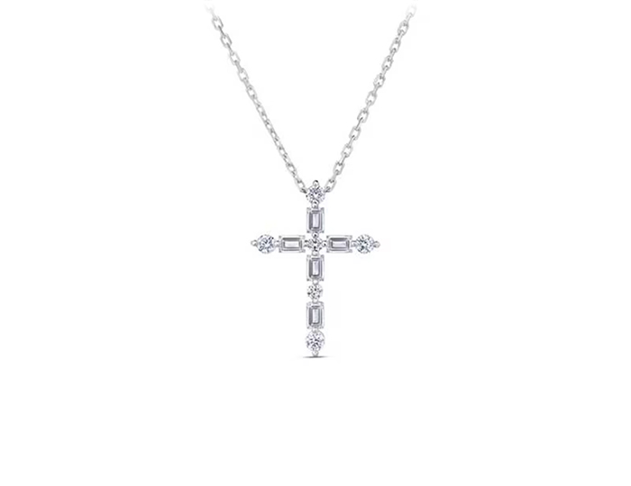 Roberto Coin Princess collection emerald and round brilliant cut diamond cross pendant in 18k white gold.