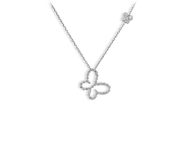 Roberto Coin Jasmine collection round brilliant cut butterfly pendant in 18k white gold.