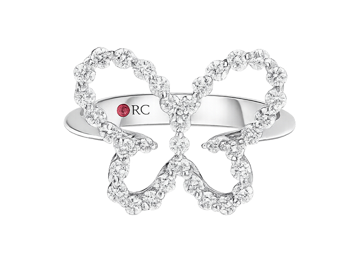 Roberto Coin Jasmine collection round brilliant cut diamond butterfly ring in 18k white gold.