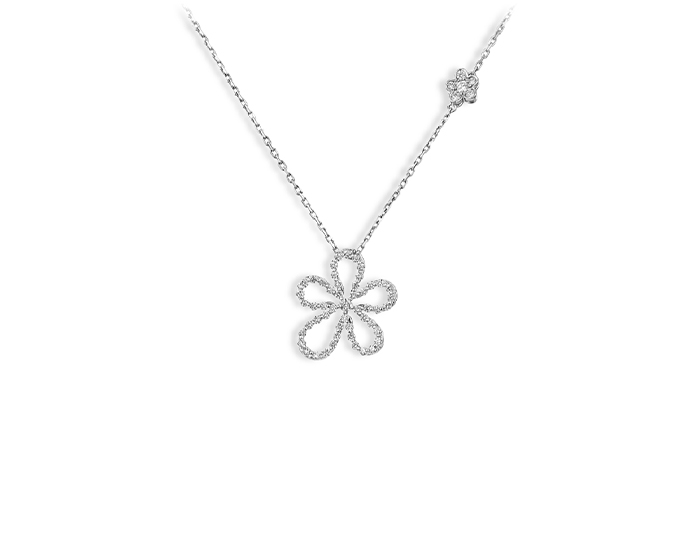 Roberto Coin Jasmine collection round brilliant cut diamond flower pendant in 18k white gold.