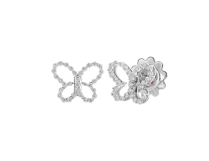 Roberto Coin Jasmine collection round brilliant cut diamond butterfly earrings in 18k white gold.