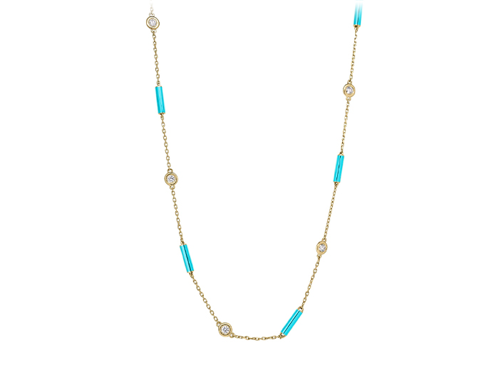Roberto Coin Diamonds by the Inch collection turquoise and round brilliant cut necklace in 18k yellow gold.