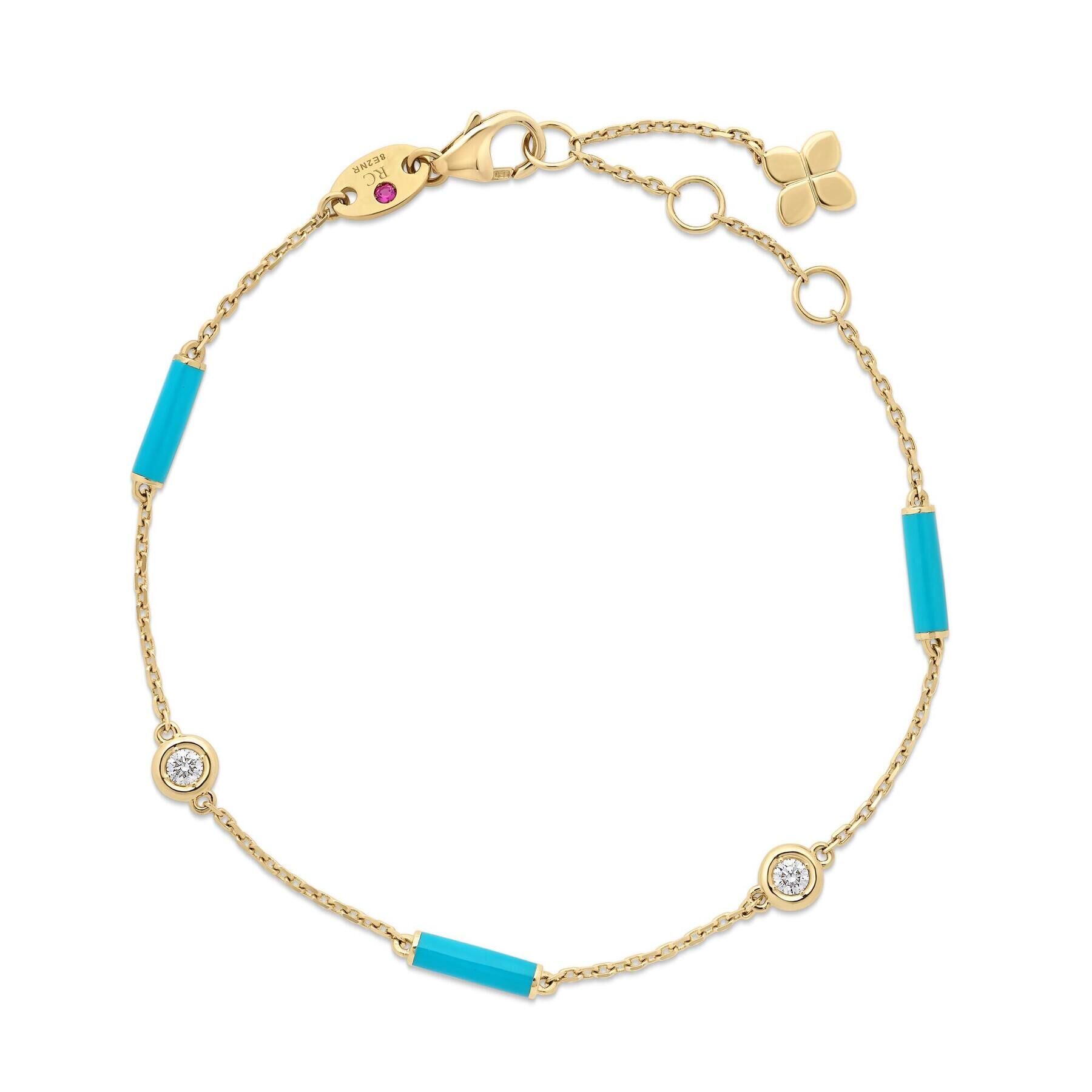 Roberto Coin Diamond by the Inch collection turquoise and round brilliant cut diamond bracelet in 18k yellow gold.