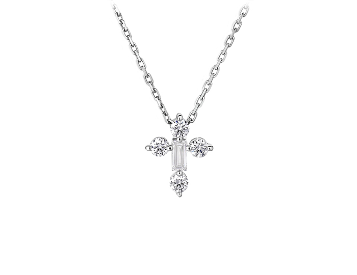 Roberto Coin Princess collection baguette and round brilliant cut diamond pendant in 18k white gold.