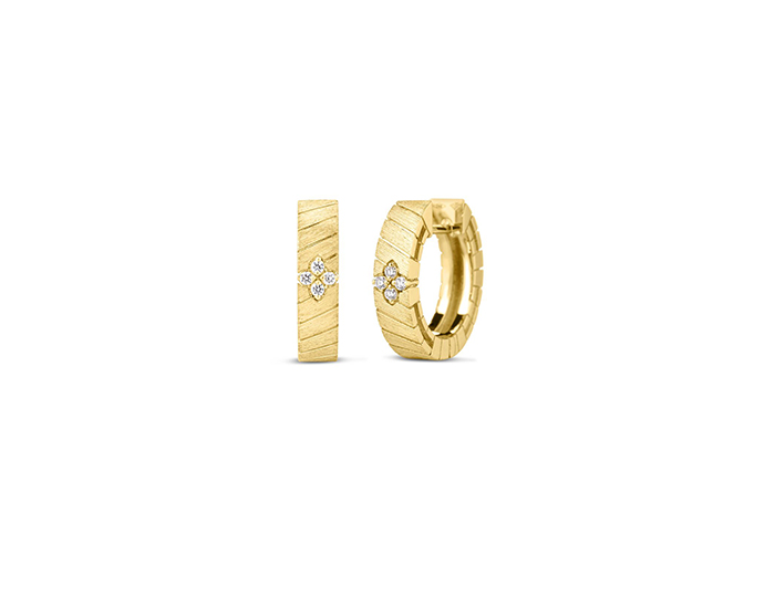 Roberto Coin Love in Verona collection round brilliant cut diamond hoops in 18k yellow gold.