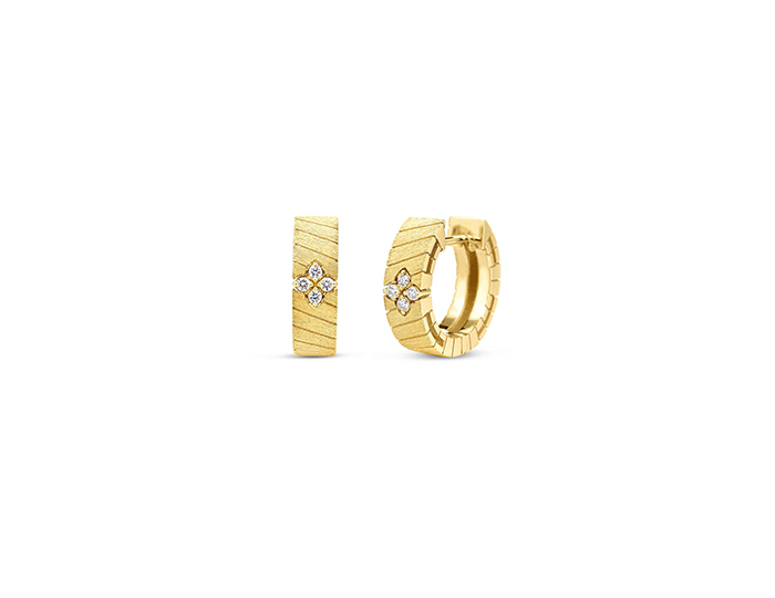 Roberto Coin Love in Verona collection round brilliant cut diamond hoop earrings in 18k yellow gold.