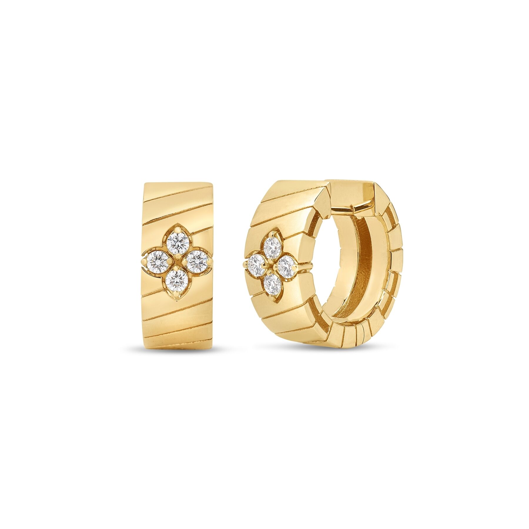 Roberto Coin Love in Verona collection round brilliant cut diamond hoop earrings in 18k yellow gold.