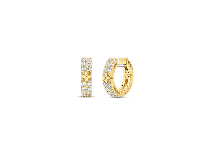 Roberto Coin Love in Verona collection round brilliant cut diamond hoop earrings in 18k yellow gold.