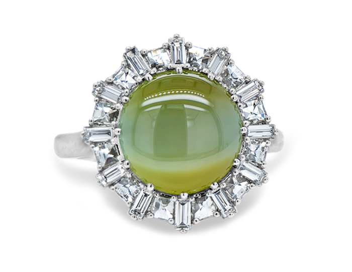 Cat's eye, blaze and baguette cut diamond ring in platinum.