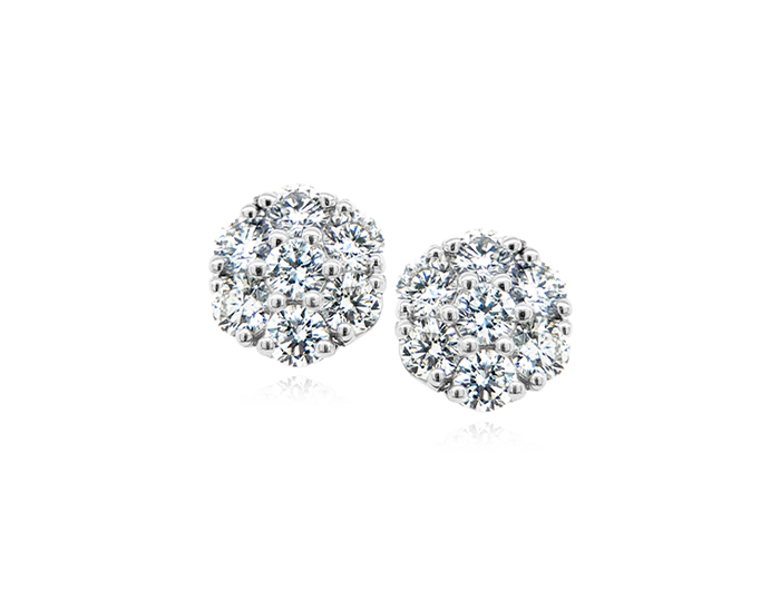Round brilliant cut diamond earrings in 18k white gold.