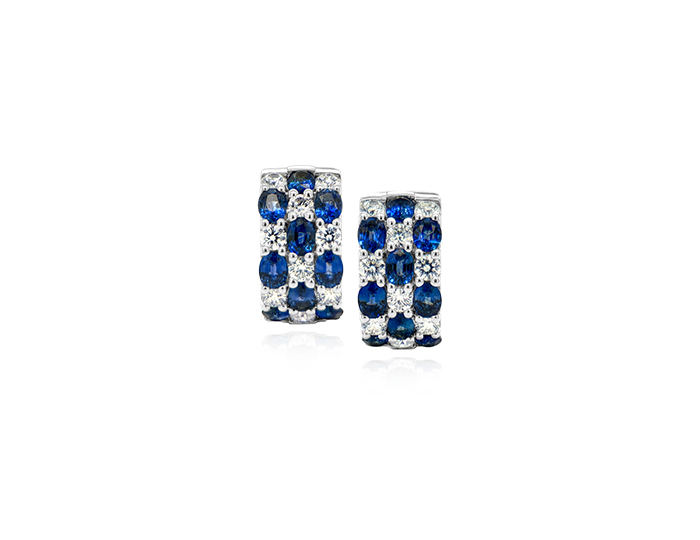 Sapphire and round brilliant cut diamond hoop earrings in 18k white gold.