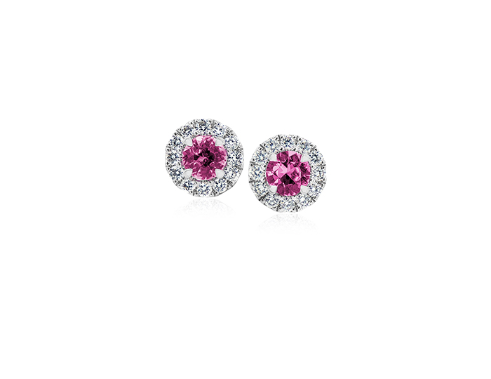Pink sapphire and round brilliant cut diamond earrings in 18k white gold.
