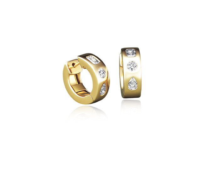 Emerald, pear and round brilliant cut diamond hoop earrings in 18k yellow gold.