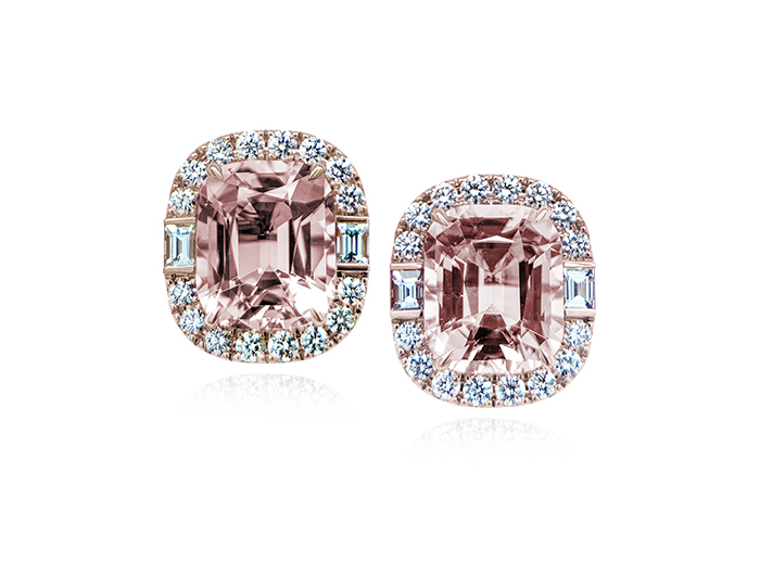 Cushion morganite, baguette cut and round brilliant cut diamond earrings in 18k rose gold.