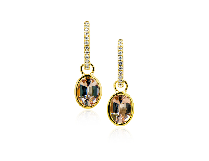 Oval morganite and round brilliant cut diamond earrings in 18k yellow gold.