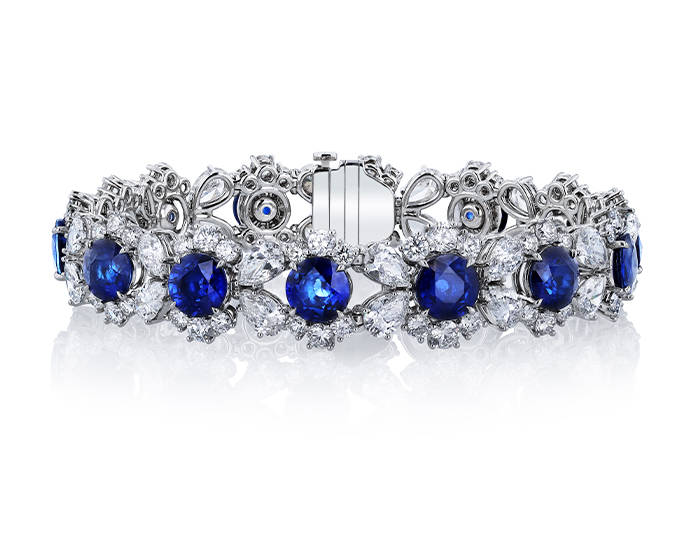 Sapphire, pear shape and round brilliant cut diamond bracelet in platinum.