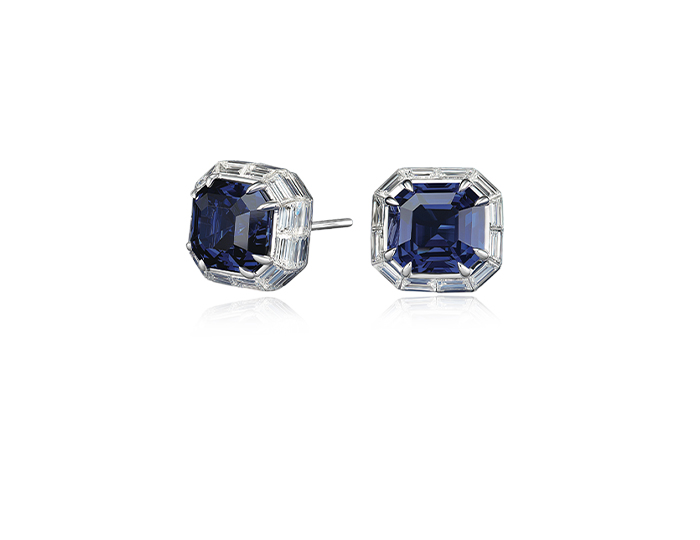 Sapphire and baguette cut diamond earrings in 18k white gold.
