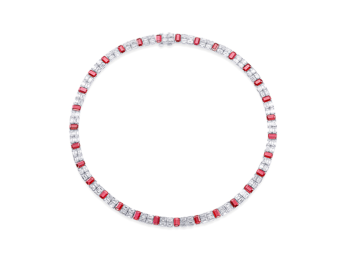 Ruby and emerald cut diamond necklace in 18k white gold.
