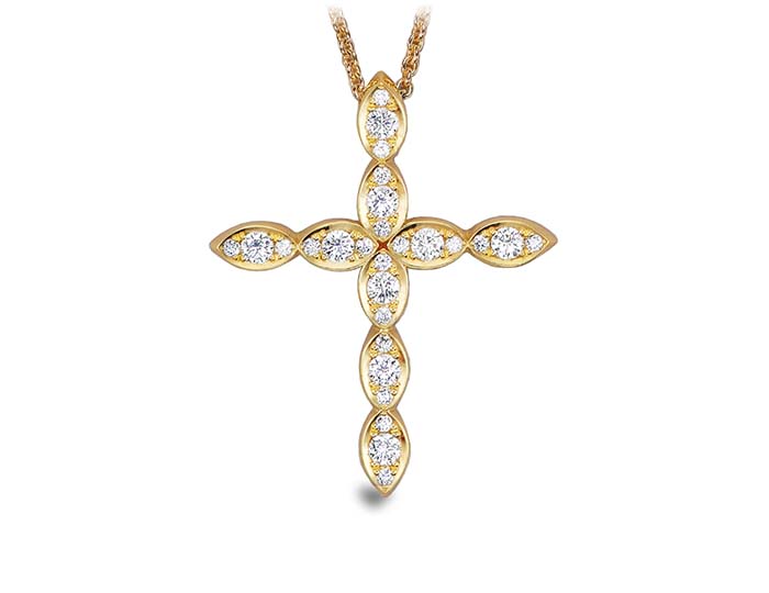 Round brilliant cut diamond cross pendant in 18k yellow gold. AHEE