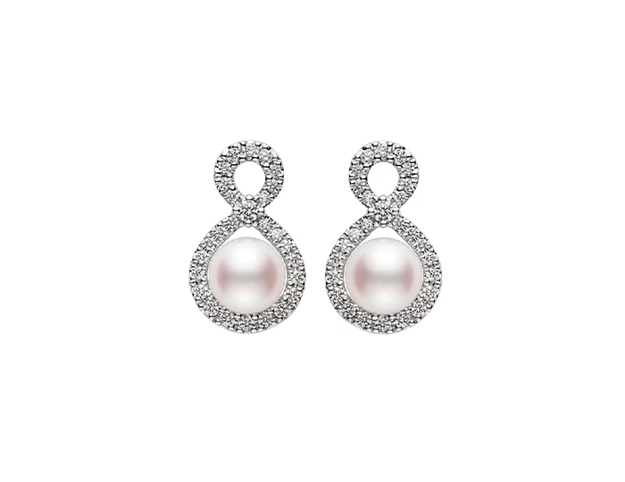 Mikimoto akoya pearl and round brilliant cut diamond pendant in 18k white gold.