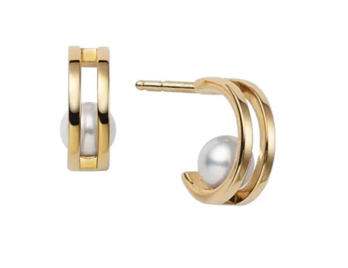 Mikimoto 5mm Akoya pearl earrings in 18k yellow gold.