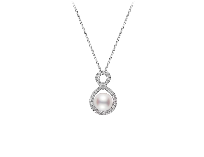 Mikimoto akoya pearl and round brilliant cut diamond pendant in 18k white gold.