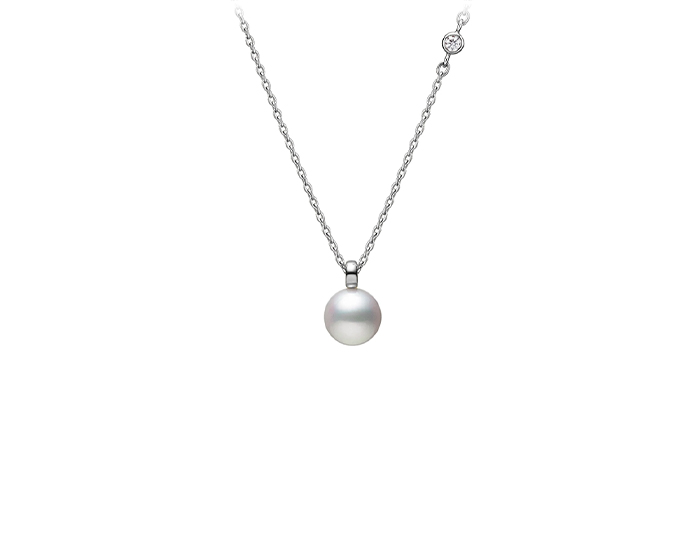 Mikimoto akoya pearl and round brilliant cut diamond pendant in 18k white gold.