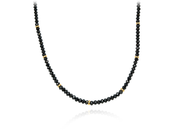 Black diamond beaded necklace in 18k yellow gold.